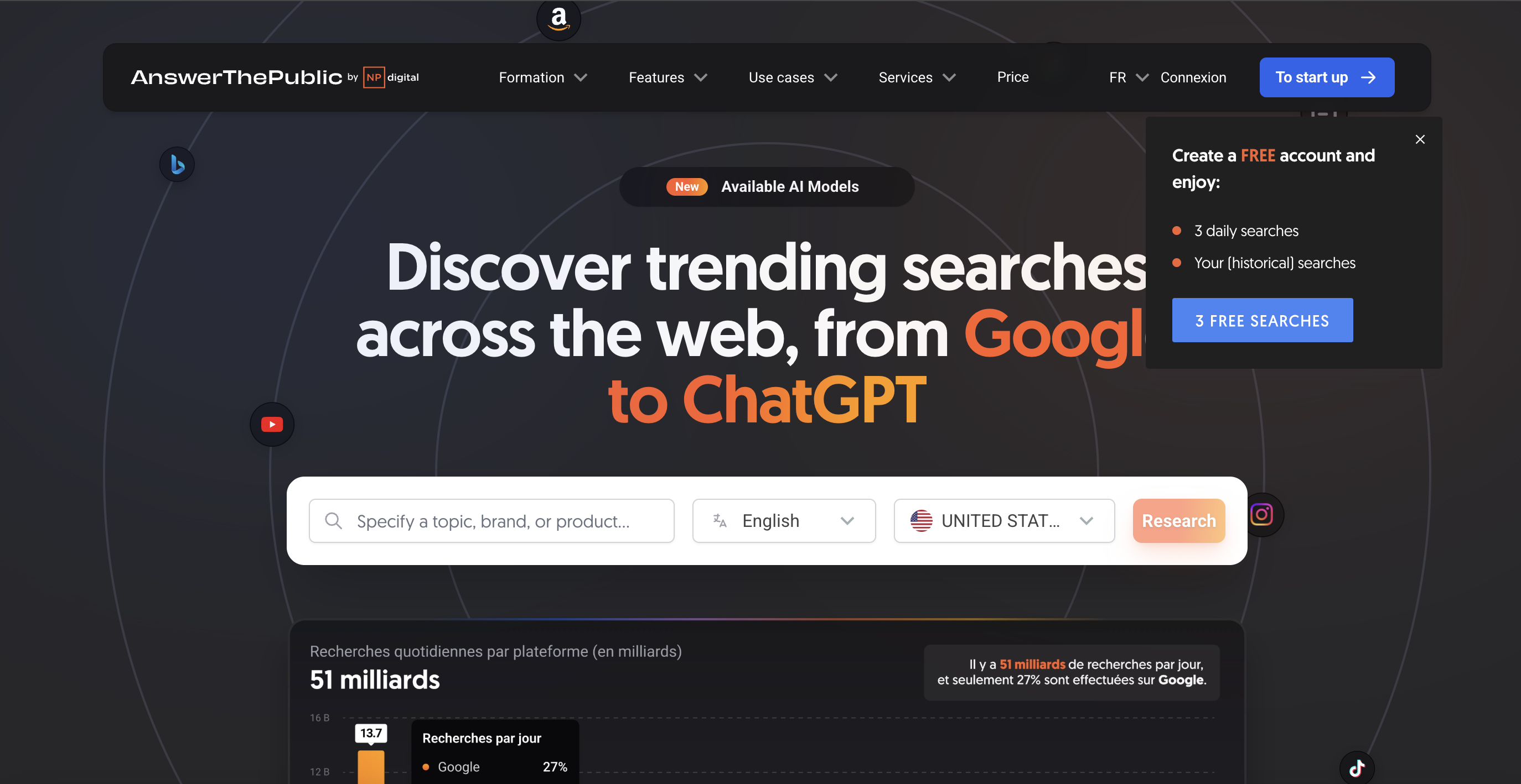 AnswerThePublic homepage showing search interface for discovering trending searches across the web