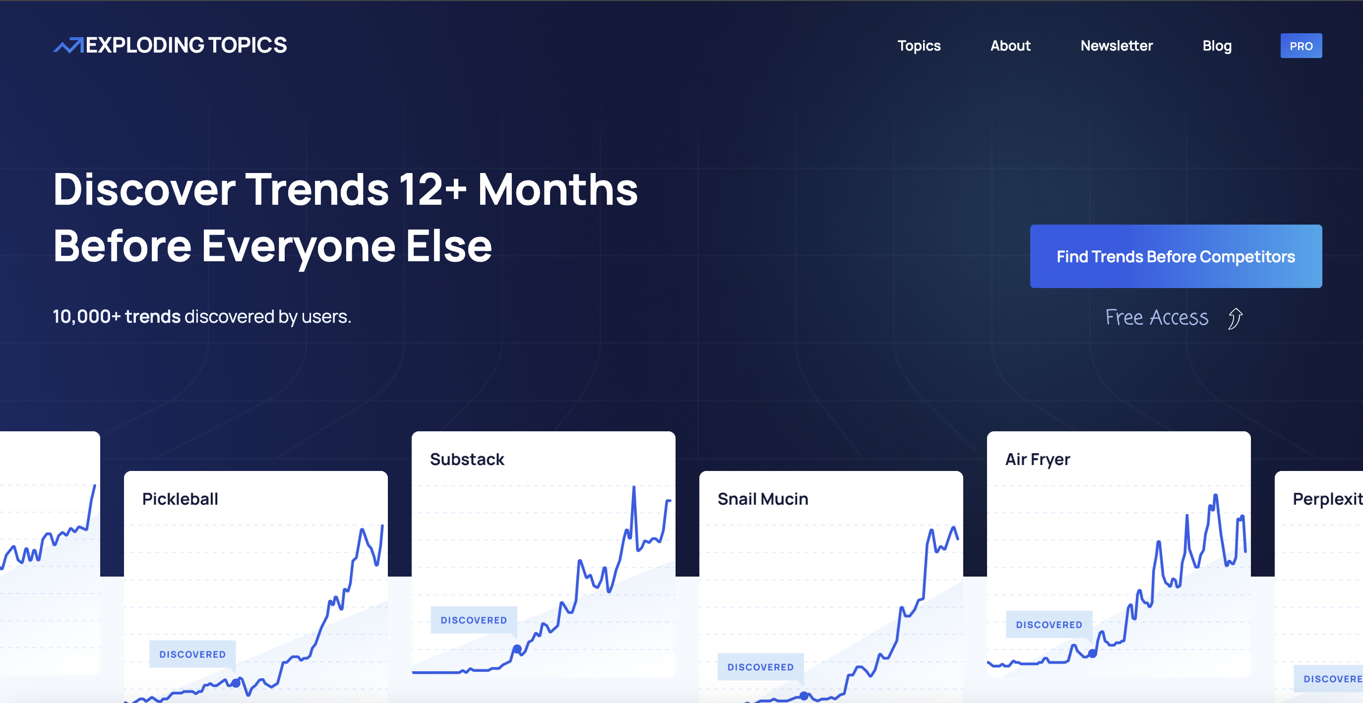 Exploding Topics homepage showing trending topics discovered 12+ months before others