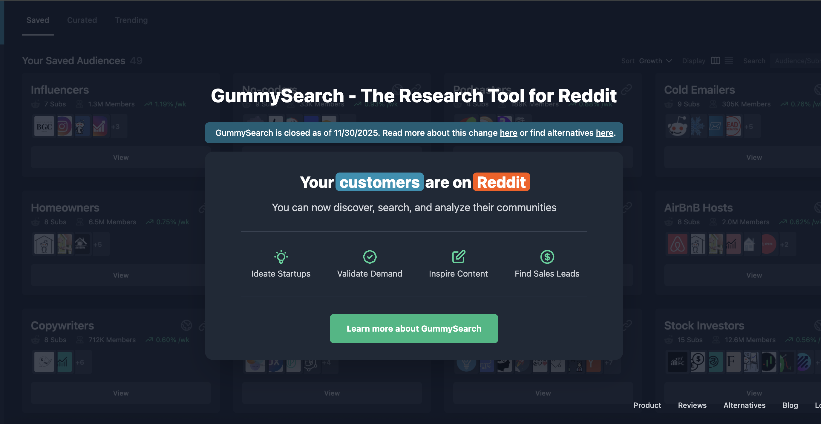 GummySearch homepage - The Research Tool for Reddit showing saved audiences and research features