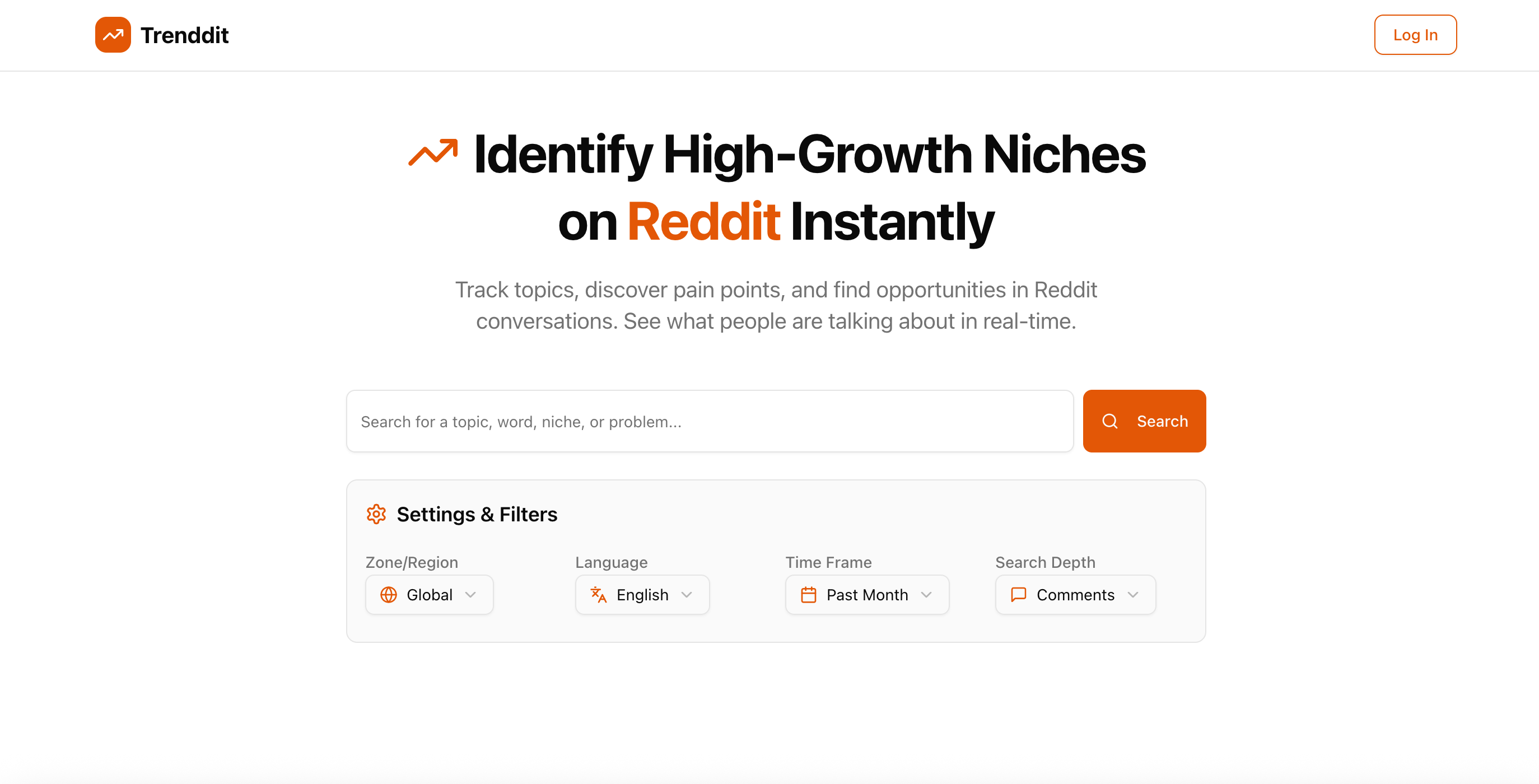 Trenddit homepage showing the search interface for finding trending topics on Reddit